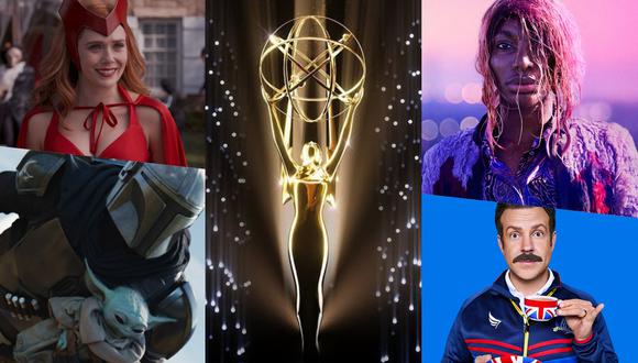 En la imagen, "WandaVision", "The Mandalorian", "I May Destroy You" y "Ted Lasso"; algunas de las series más nominadas en los Premios Emmy 2021. Fotos: Disney+/ HBO/ Apple TV+/ TV Academy.